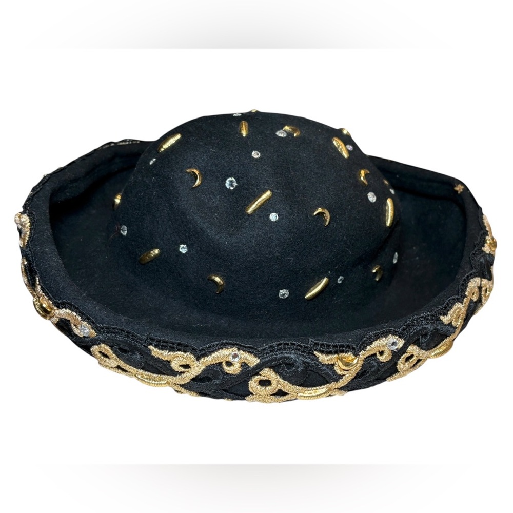Vintage Jack McConnell Black Wool Wide-Brimmed Hat Gold Metallic Accents
